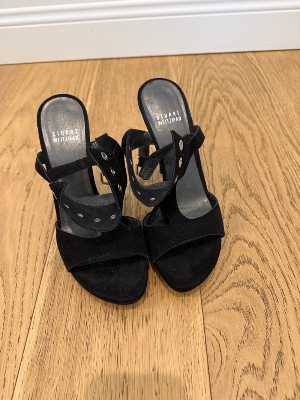 Stuart Weitzman Black Suede Studded Ankle-Strap Heels